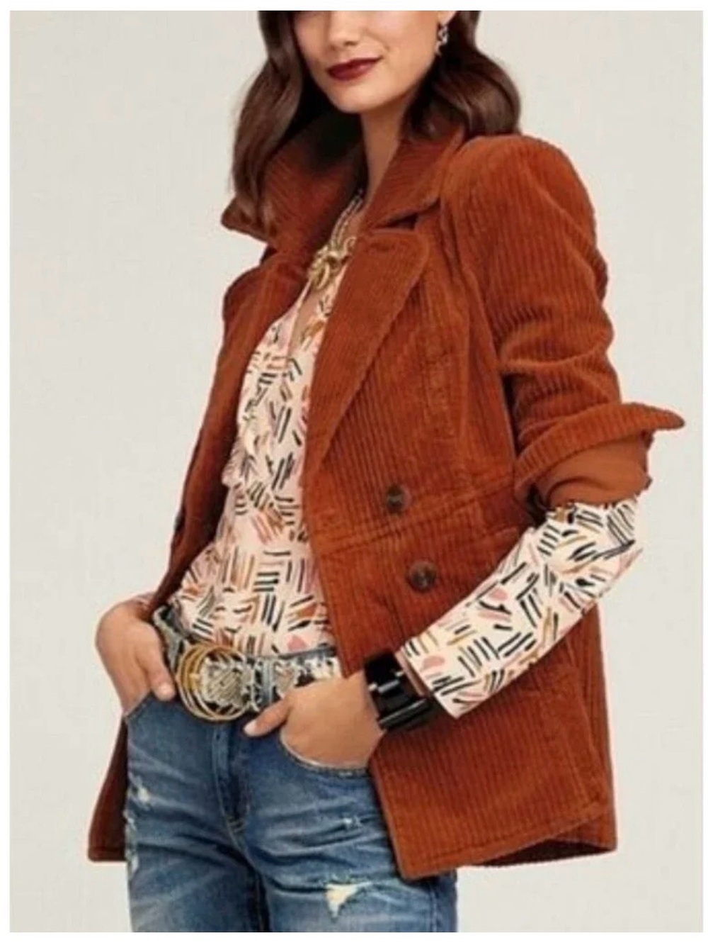 CAbi Rust Corduroy Double-Breasted Blazer